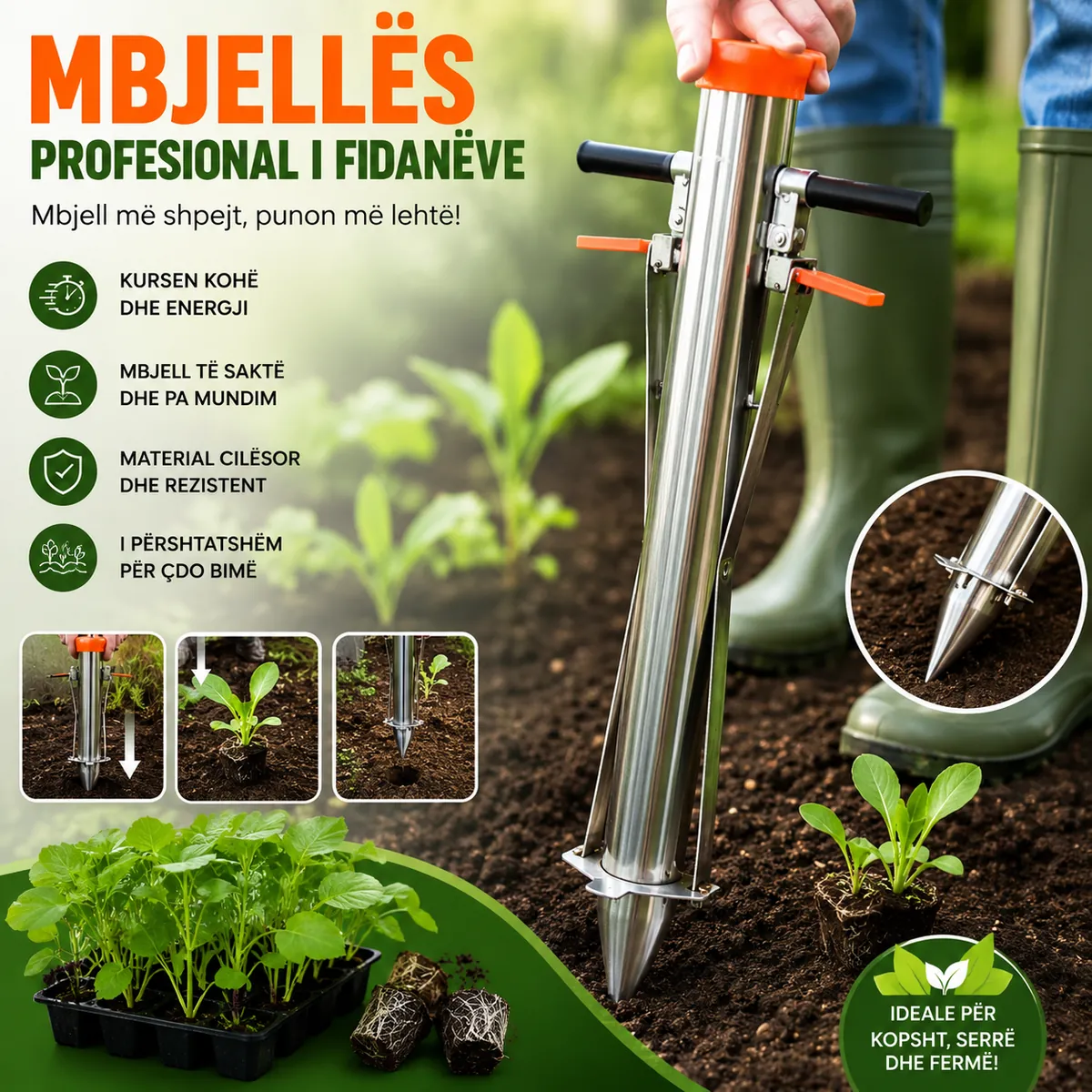 Mbjellës profesional i fidanëve prej inoksi në kopsht