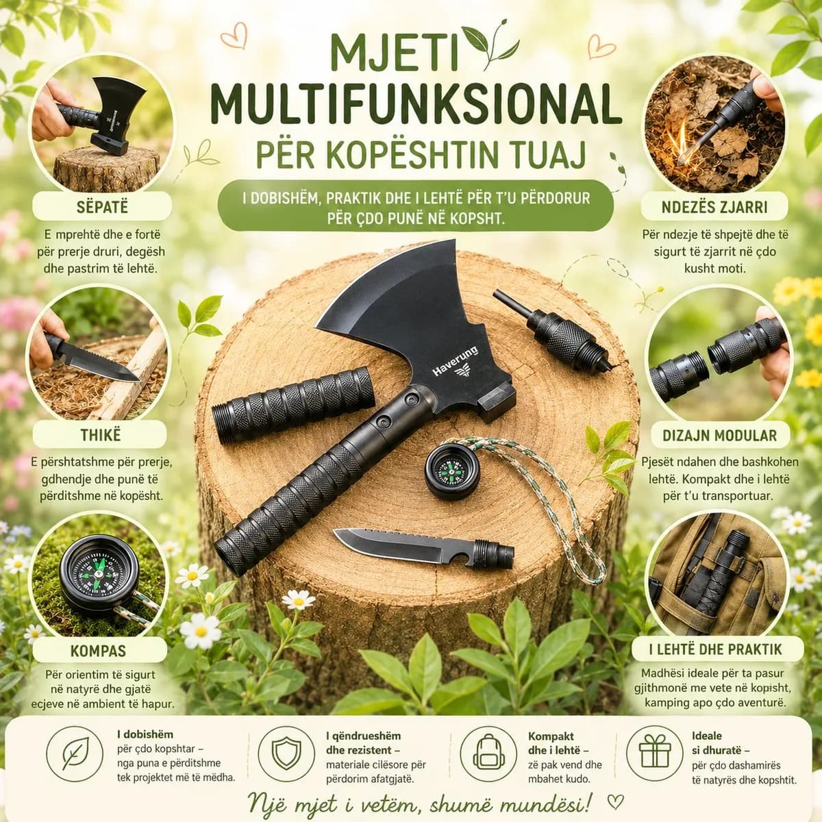 Mjet multifunksional me sëpatë, thikë, busull dhe ndezës zjarri