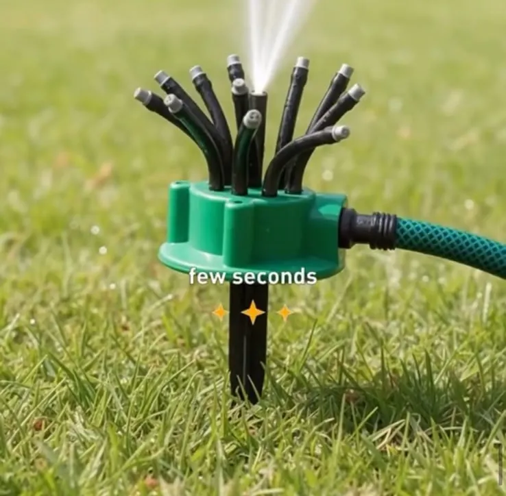 Sprinkler me gryka të rregullueshme, i lidhur me zorrën në lëndinë